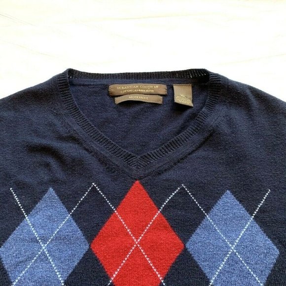Sebastian Cooper Cotton Cashmere Blend Argyle Sweater Modern Fit Knit V Neck XL - Picture 4 of 11